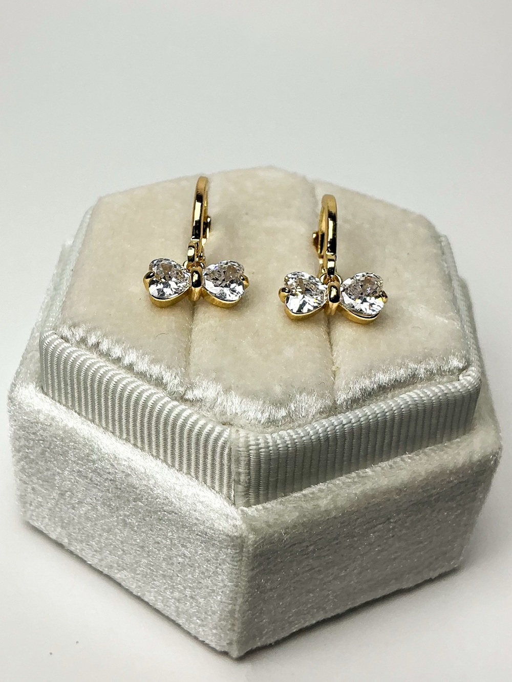 Gold Bow Huggie Earrings CZ Ribbon Drop Hoops